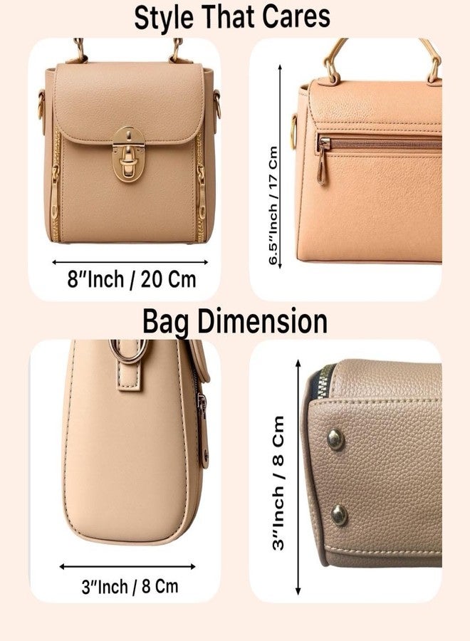 DAISY ROSE Women’s Stylish Faux Leather Crossbody Sling Bag with Adjustable Strap & Top Handle - Compact Shoulder Handbag with Front Zipper Pockets - Beige (Beige) - Image 4